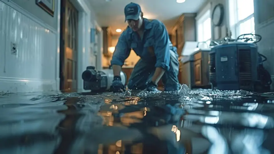 Technician kneeling in shallow water beside drying equipment inside a home