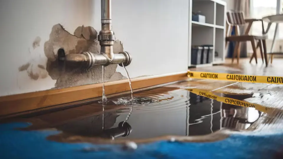 Leaking pipe at a wall with water pooling on the floor behind caution tape