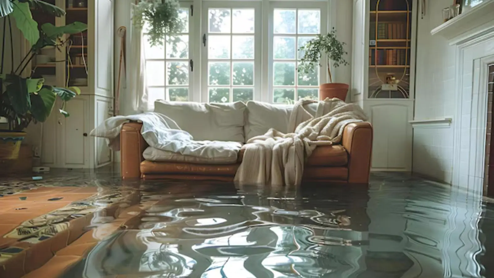Sunlit living room with a sofa and standing water across the floor