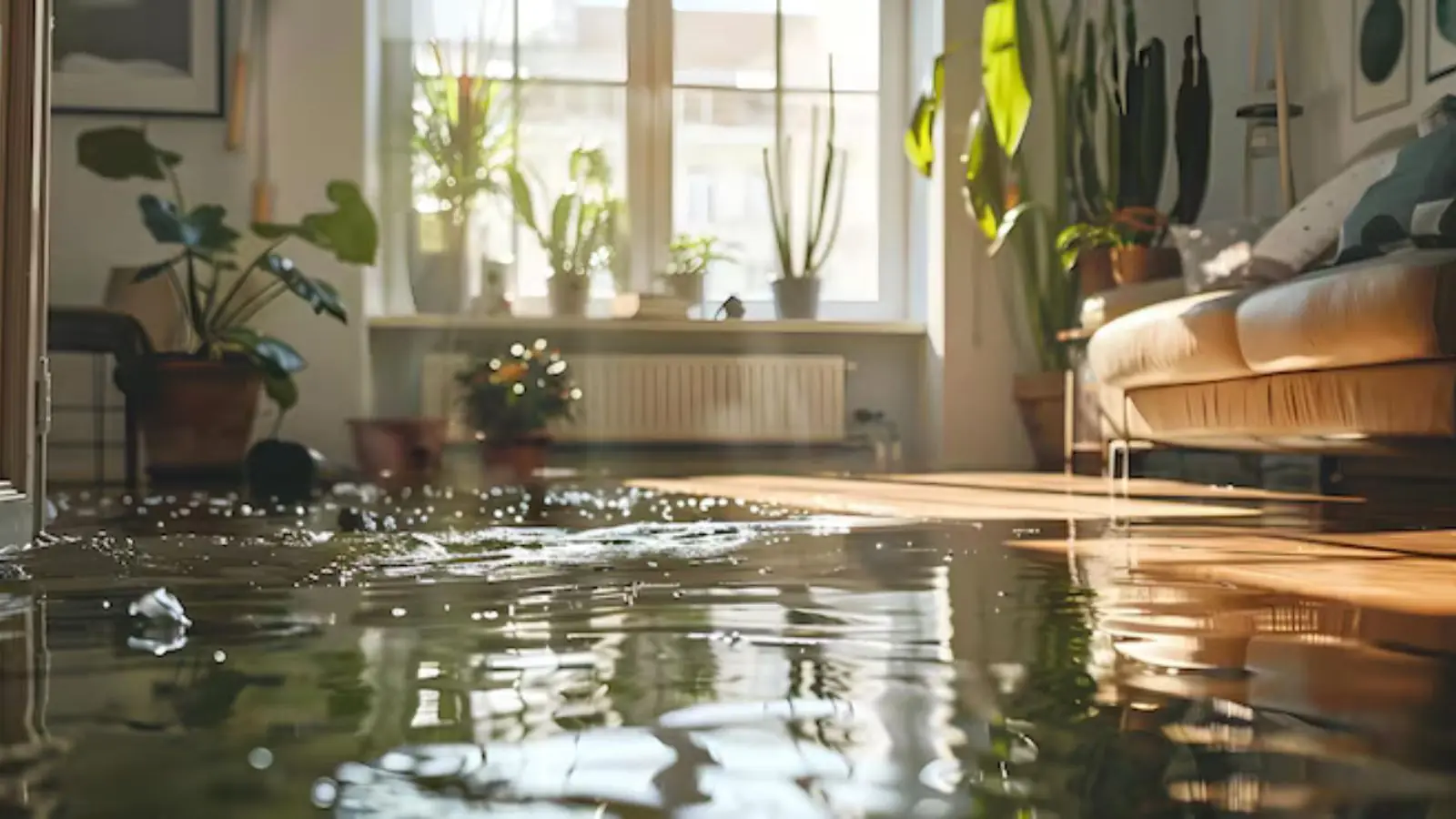 Bright living room with plants and a shallow layer of water on the floor