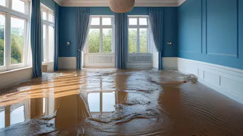Wood floor in a blue-walled room covered with shallow water