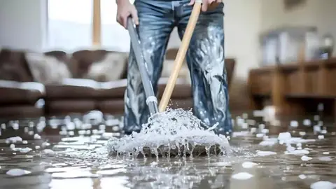 Person mopping soapy water on a wet living room floor