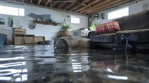 Flooded basement living area with a sofa and standing water across the floor