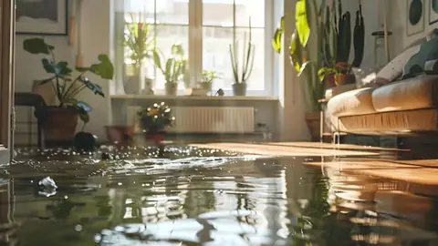 Bright living room with plants and a shallow layer of water on the floor