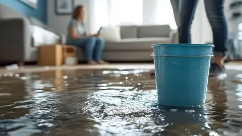 Blue bucket standing in shallow water on a living room floor with a person sitting on the sofa behind it