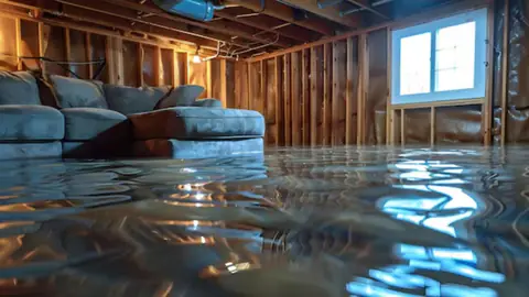 Flooded basement with exposed wall studs and a couch sitting in standing water